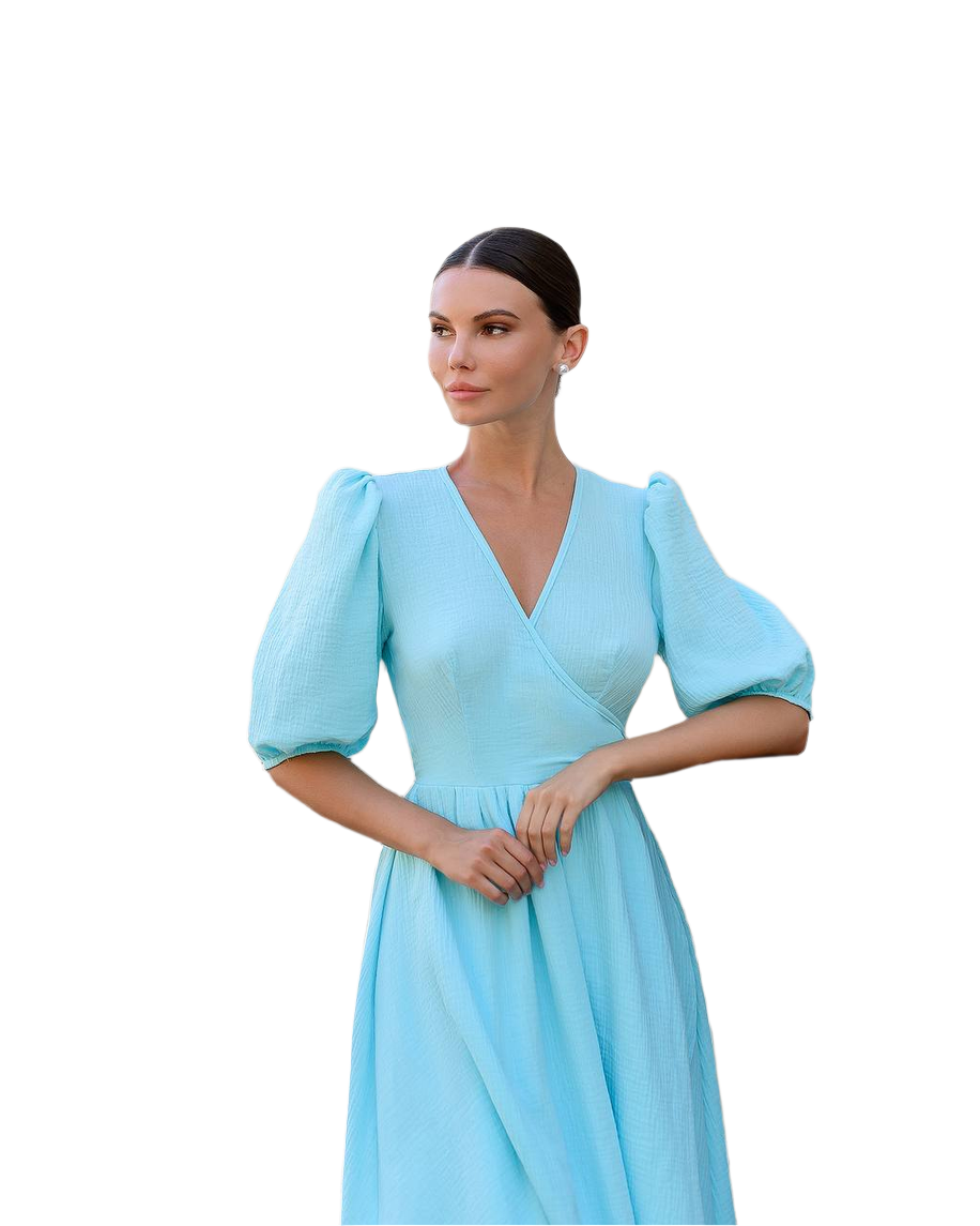 Women's Muslin Midi Dress with Puff Sleeves in Milky Blue Lavender