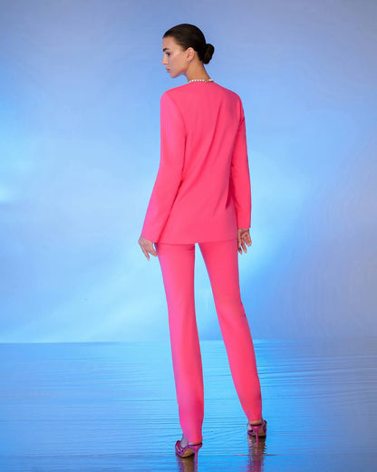 Womens Collarless Suit Jacket with Matching Pants in Raspberry