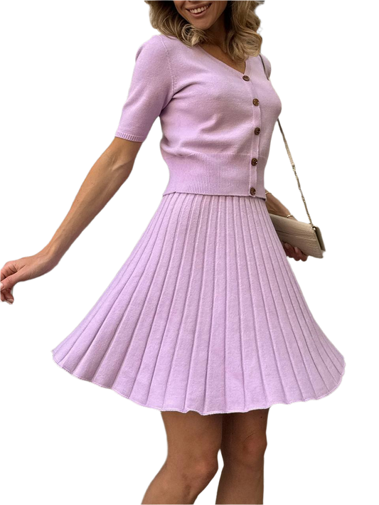 Womens Lulu Knit Two-Piece Suit Top and Pleated Skirt Set