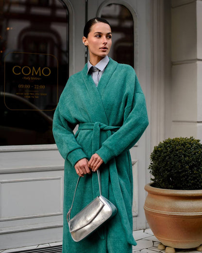 Womens Silva Fluffy Cardigan Long Sleeve Belted Coat Emerald Green