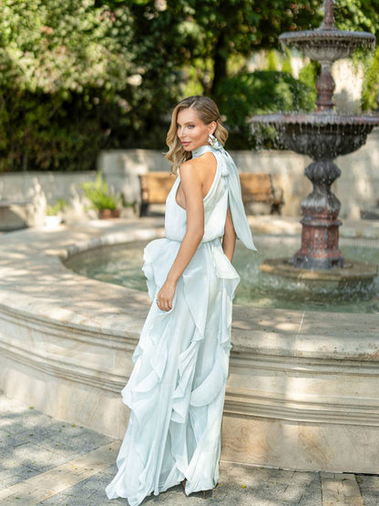 Organza Halter Neck Ruffle Gown Evening Dress
