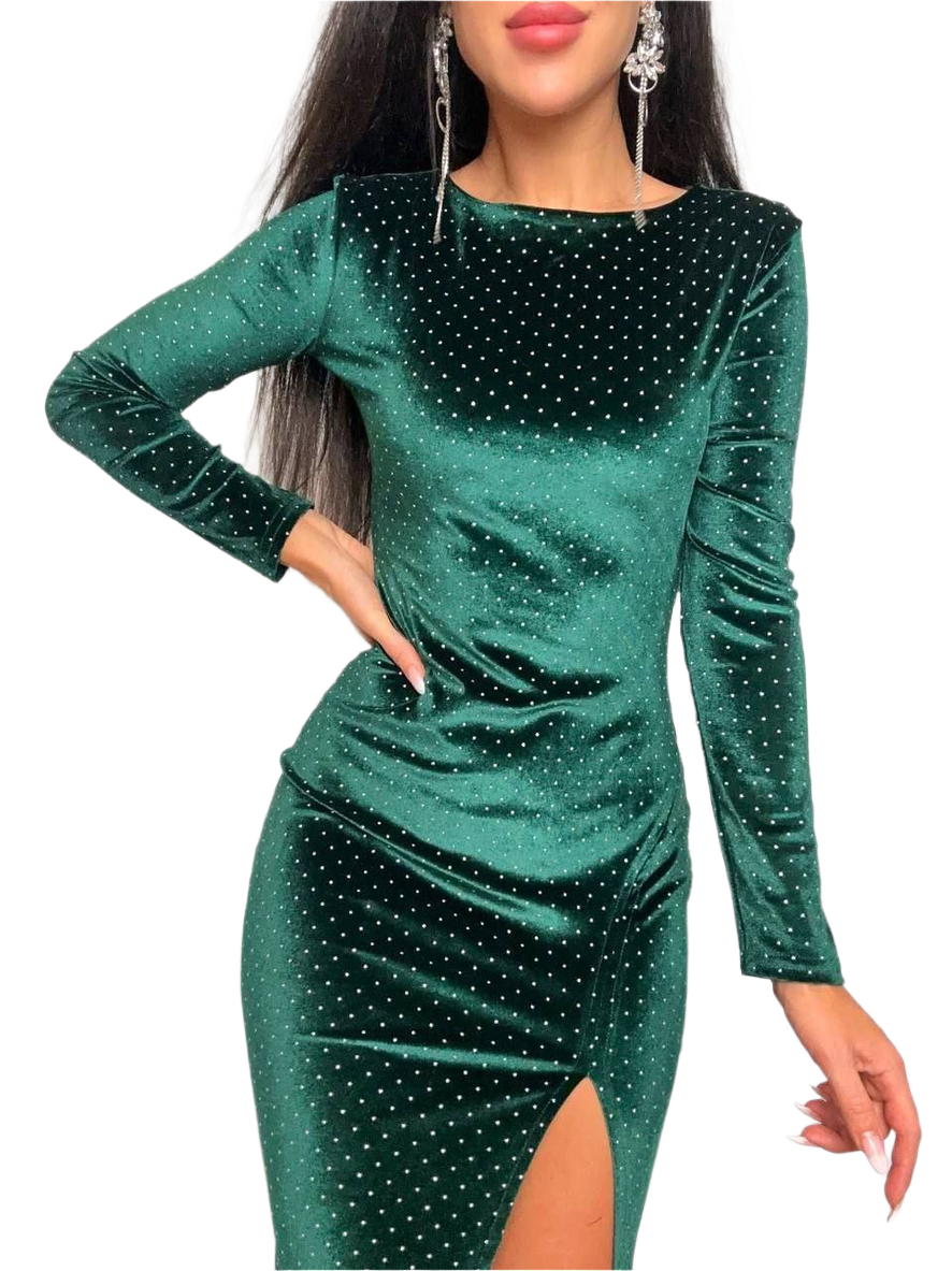 Green glittery dress with long sleeves on a white background