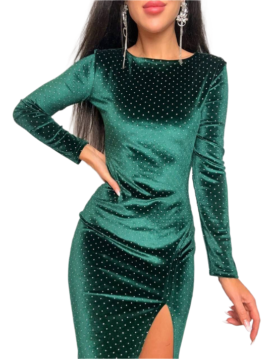 Green glittery dress with long sleeves on a white background