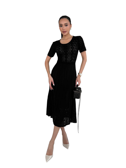 Classic Black Midi Dress for Women with Short Sleeves