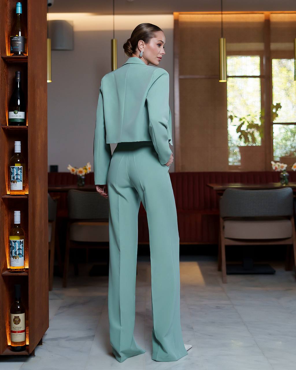 Womens Cropped Jacket Suit With High Waist Slit Trousers
