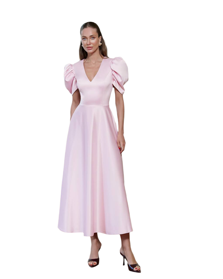 Elegant Premium Satin Midi Dress with Puff Sleeves for Women