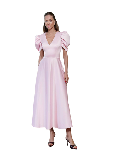 Elegant Premium Satin Midi Dress with Puff Sleeves for Women