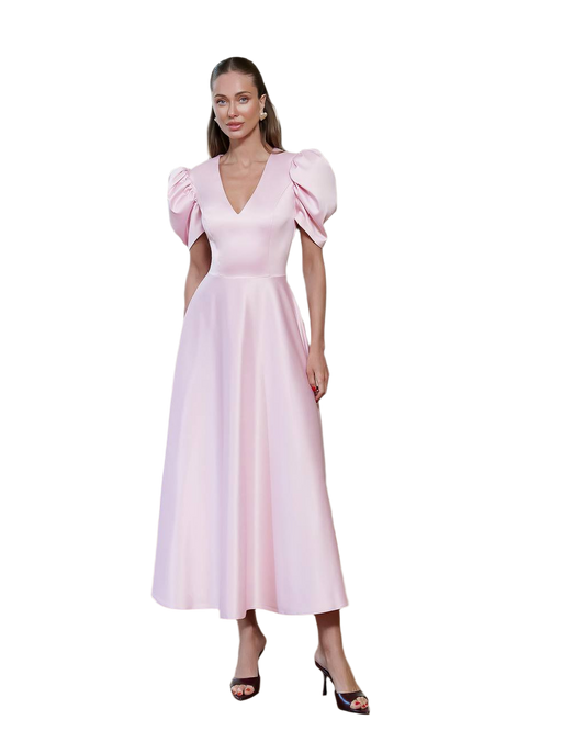 Elegant Premium Satin Midi Dress with Puff Sleeves for Women