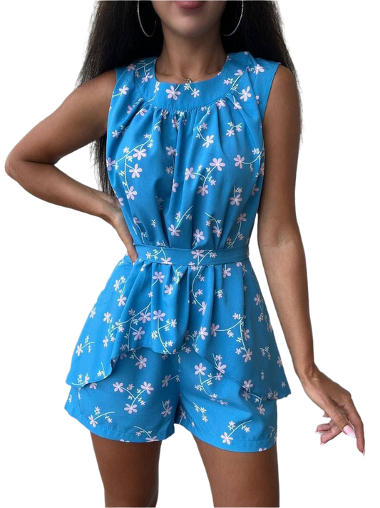 Soft Fabric Women's Floral Set Yeda with Loose Blouse and Elastic Waist Shorts