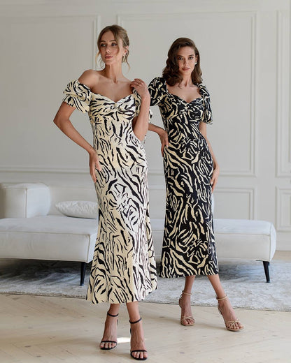 Elegant Dense Printed Silk Dress with Puff Sleeves