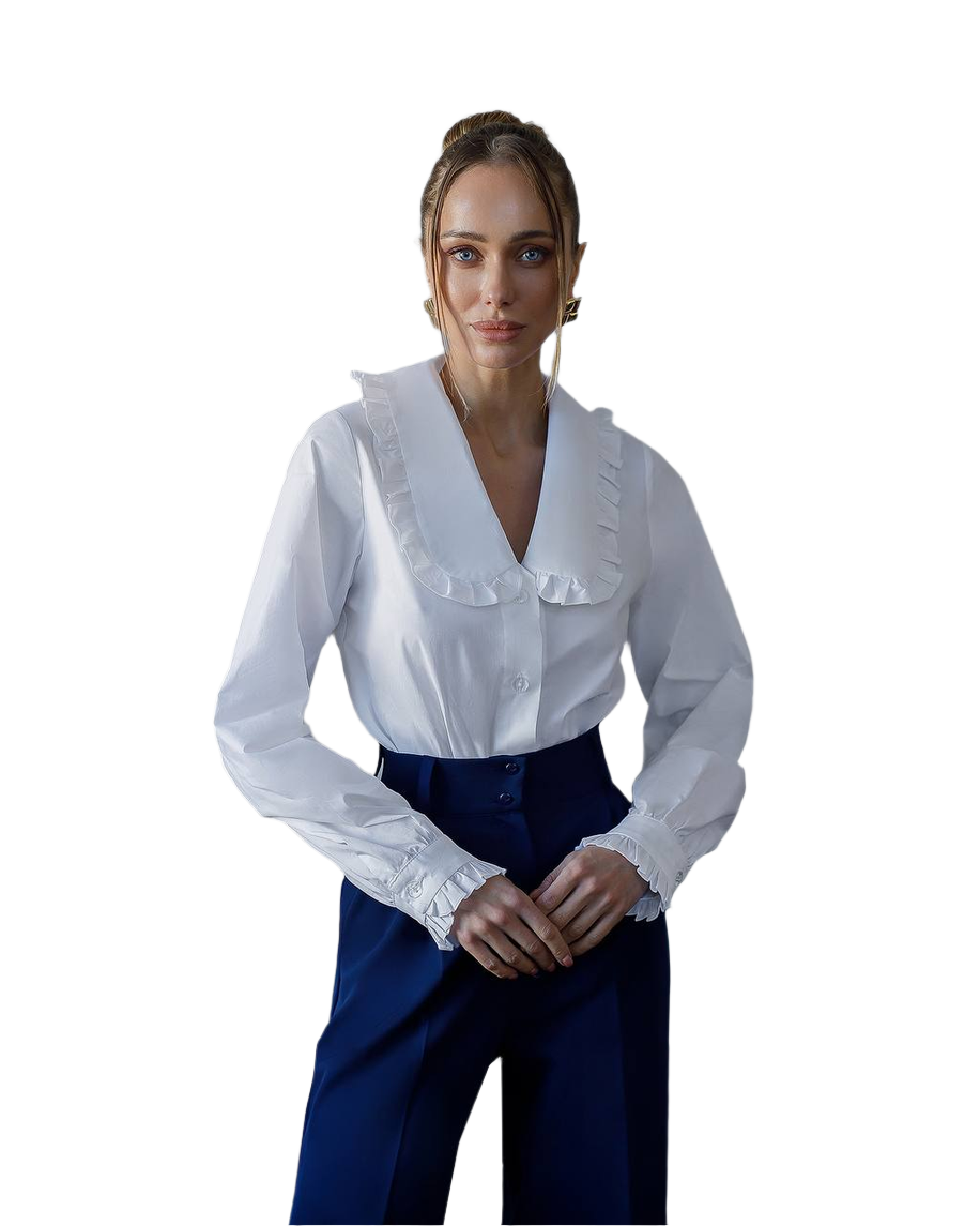 Milky White Premium Cotton Blouse for Women with Ruffled Collar and Cuffs