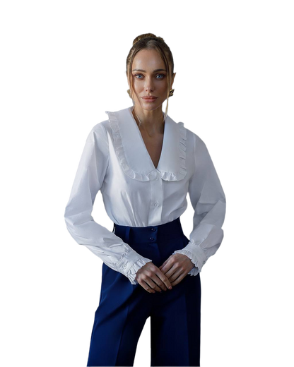 Milky White Premium Cotton Blouse for Women with Ruffled Collar and Cuffs