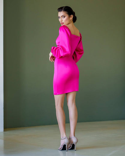 Elegant Raspberry Satin Mini Dress with Long Puff Sleeves