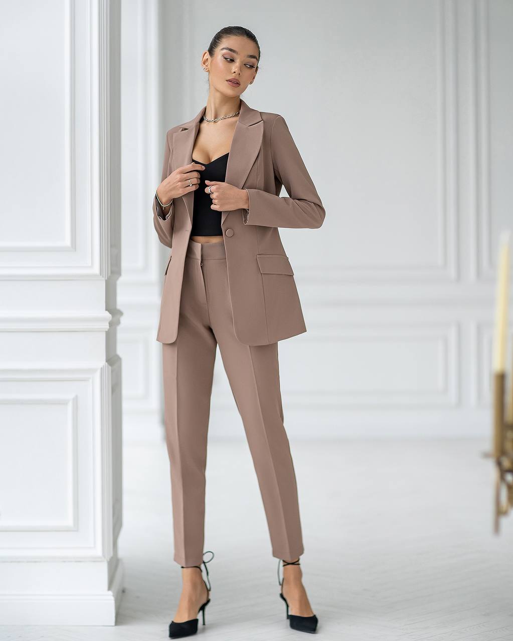 Elegant Womens Suit Jacket and Trousers Set in Soft Brown Crepe Diagonal