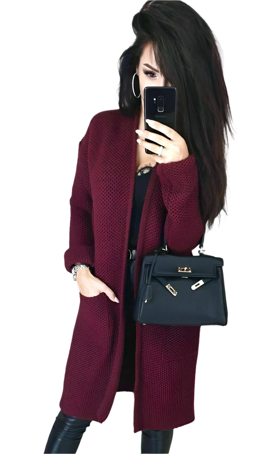 Womens Long Knit Cardigan Wool Blend Bordeaux