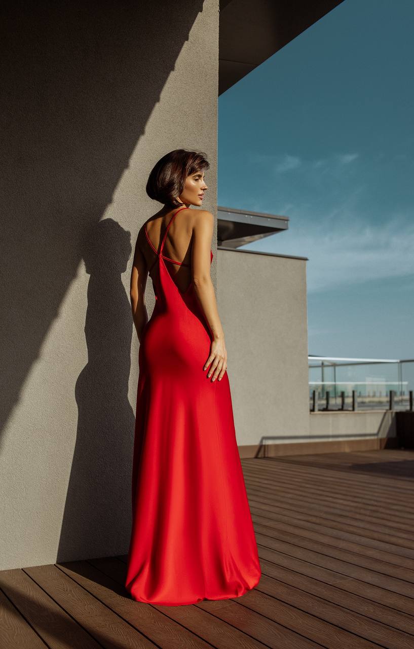 Woman in a red evening gown standing on a rooftop with a clear sky.