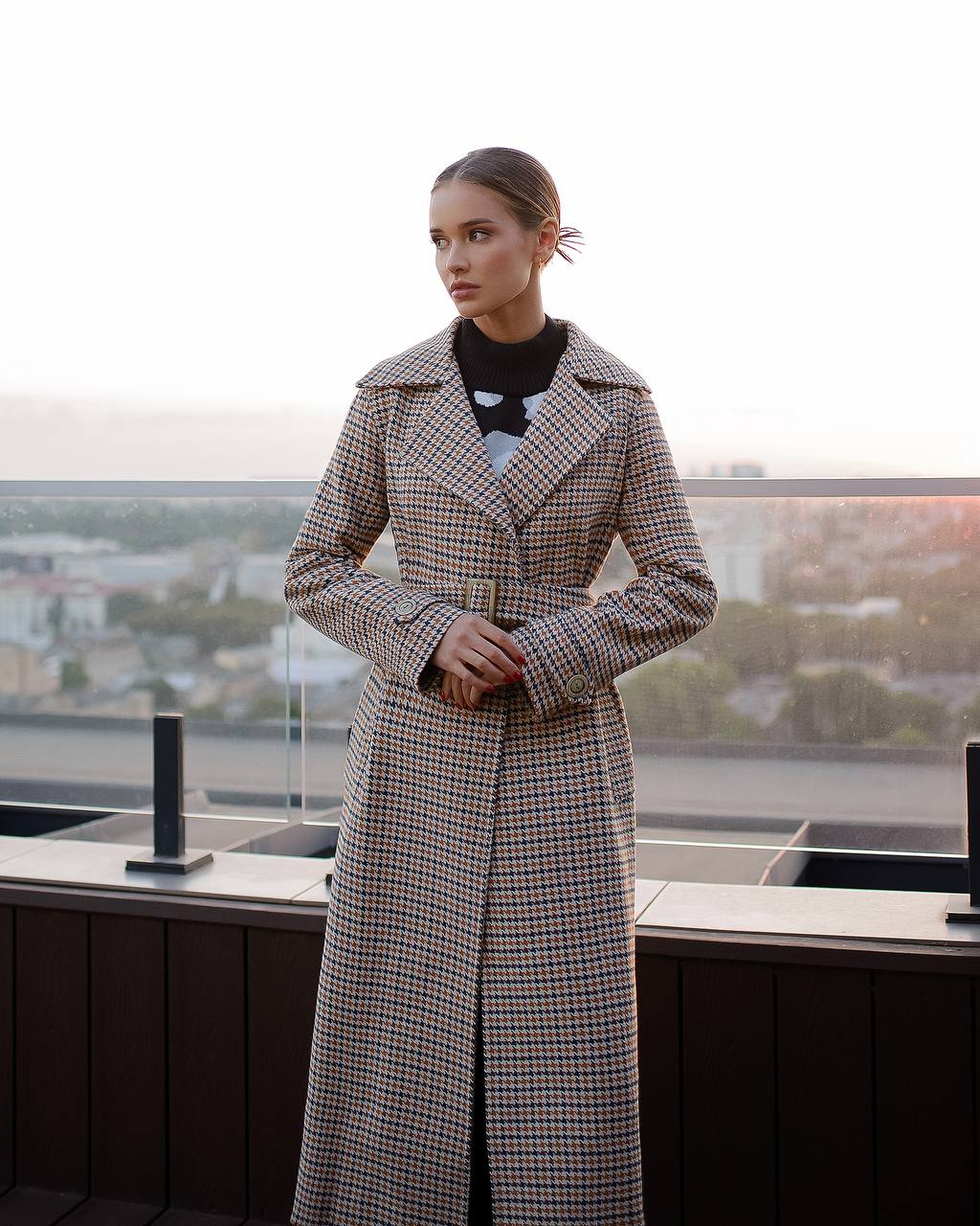 Womens Turkish Fabric Houndstooth Pattern Long Coat with Belt