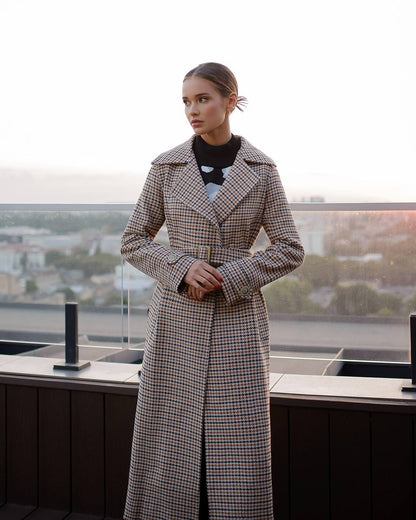 Womens Turkish Fabric Houndstooth Pattern Long Coat with Belt