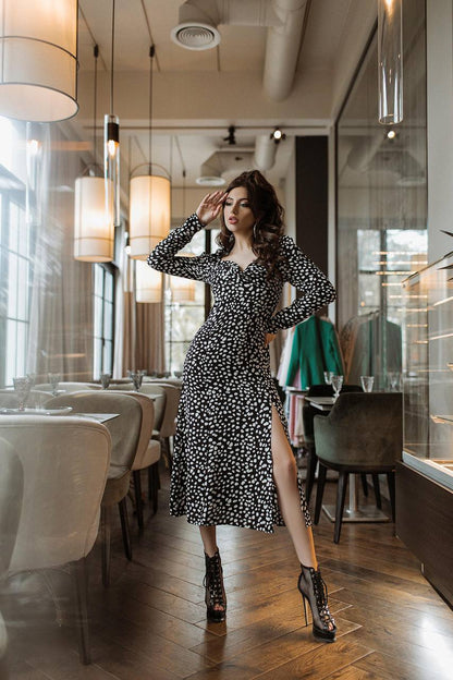 Black and Cream Stain Print Dress with Long Sleeves and Side Slit