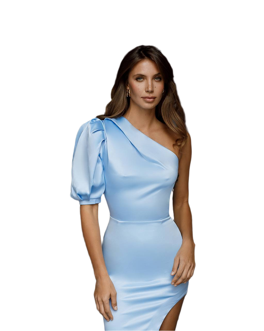 Asymmetric One Sleeve Blue Midi Dress in Premium Satin