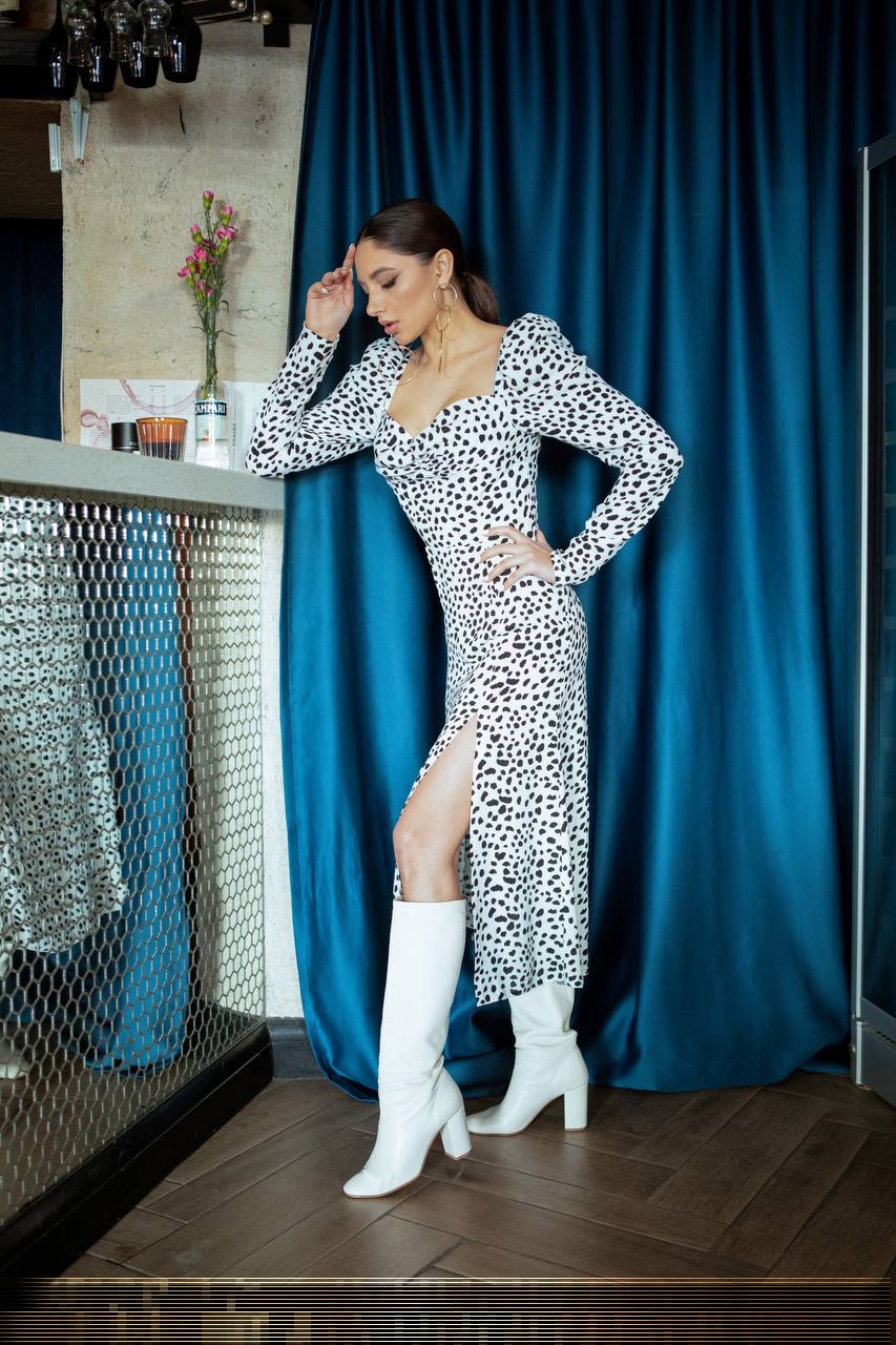 Woman in a leopard print dress with a high slit standing in front of a blue curtain.