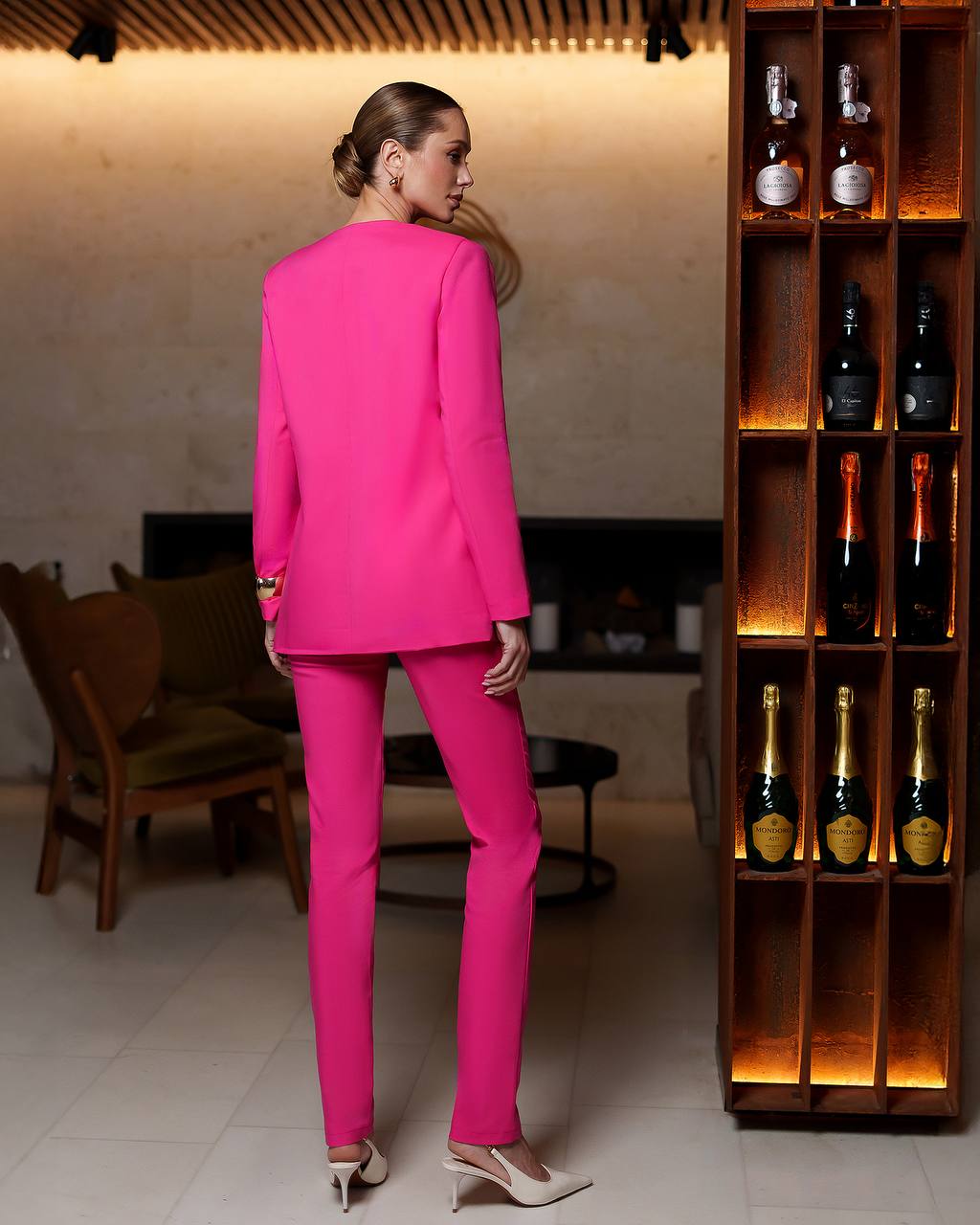 Womens Collarless Suit Jacket with Matching Pants in Raspberry