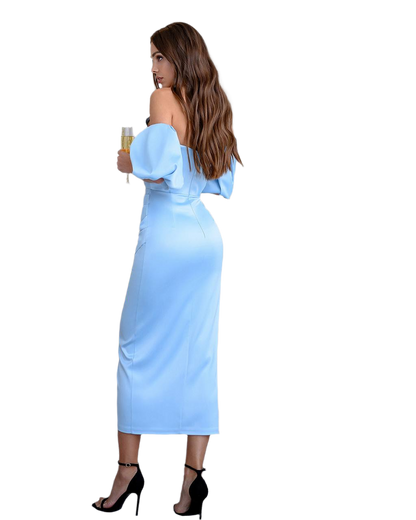 Elegant Royal Satin Midi Dress for Women with Puff Sleeves in Sky Blue