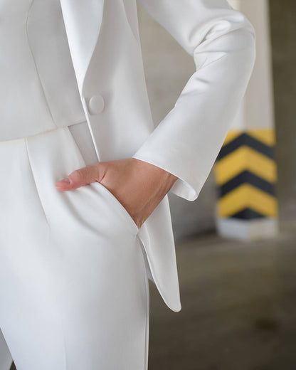 Womens Premium Diagonal Crepe Suit with Satin Collar in White