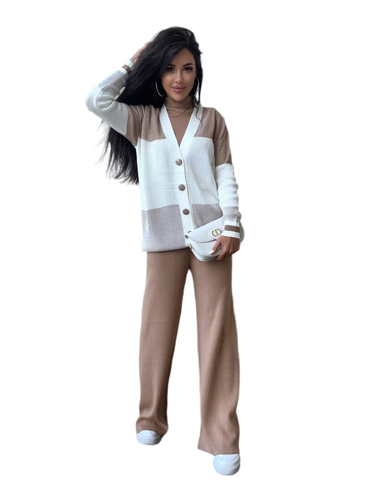 Dilan Three-Piece Knit Suit with Cardigan Sleeveless Top and Wide Leg Pants