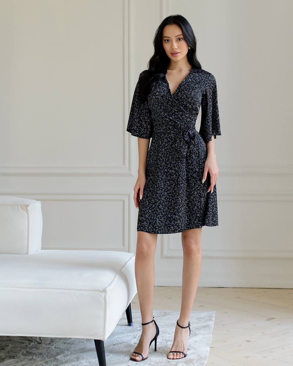Womens Dense Silk Printed Dress with V Neck and Tie Waist