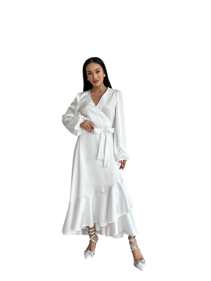Elegant Satin Long Sleeve White Dress with Ruffle Hem and Waist Tie