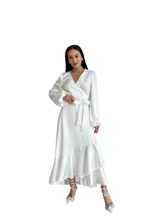 Elegant Satin Long Sleeve White Dress with Ruffle Hem and Waist Tie