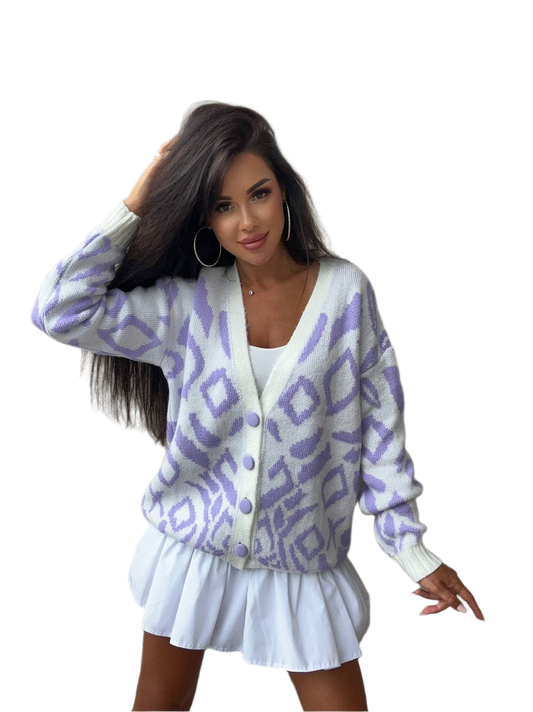 Womens Warm Knitted Cardigan Purple White Pattern