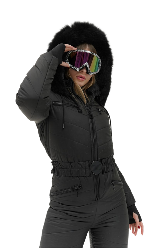 Womens Insulated Ski Jumpsuit with Natural Black Fox Fur Hood Trim