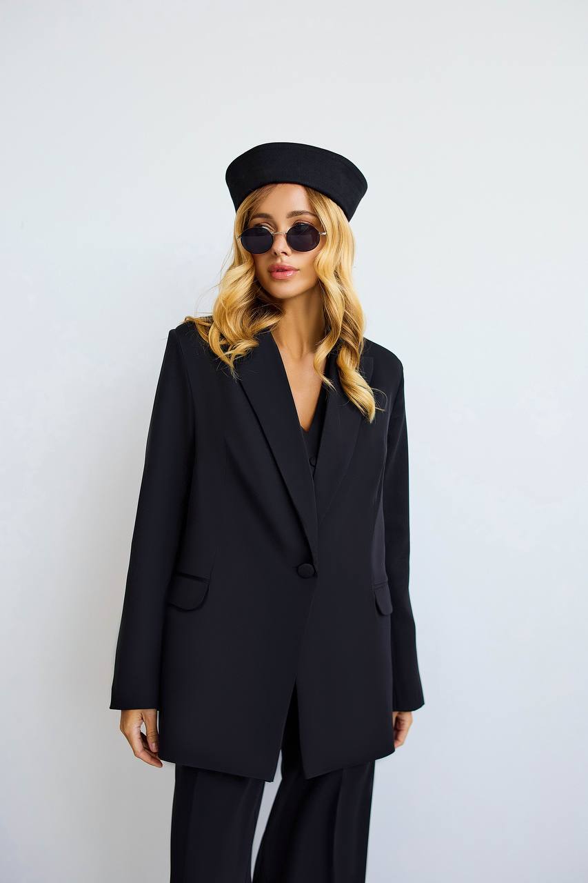 Black Women's Three Piece Suit Diagonal Crepe Lined Vest Jacket Trousers