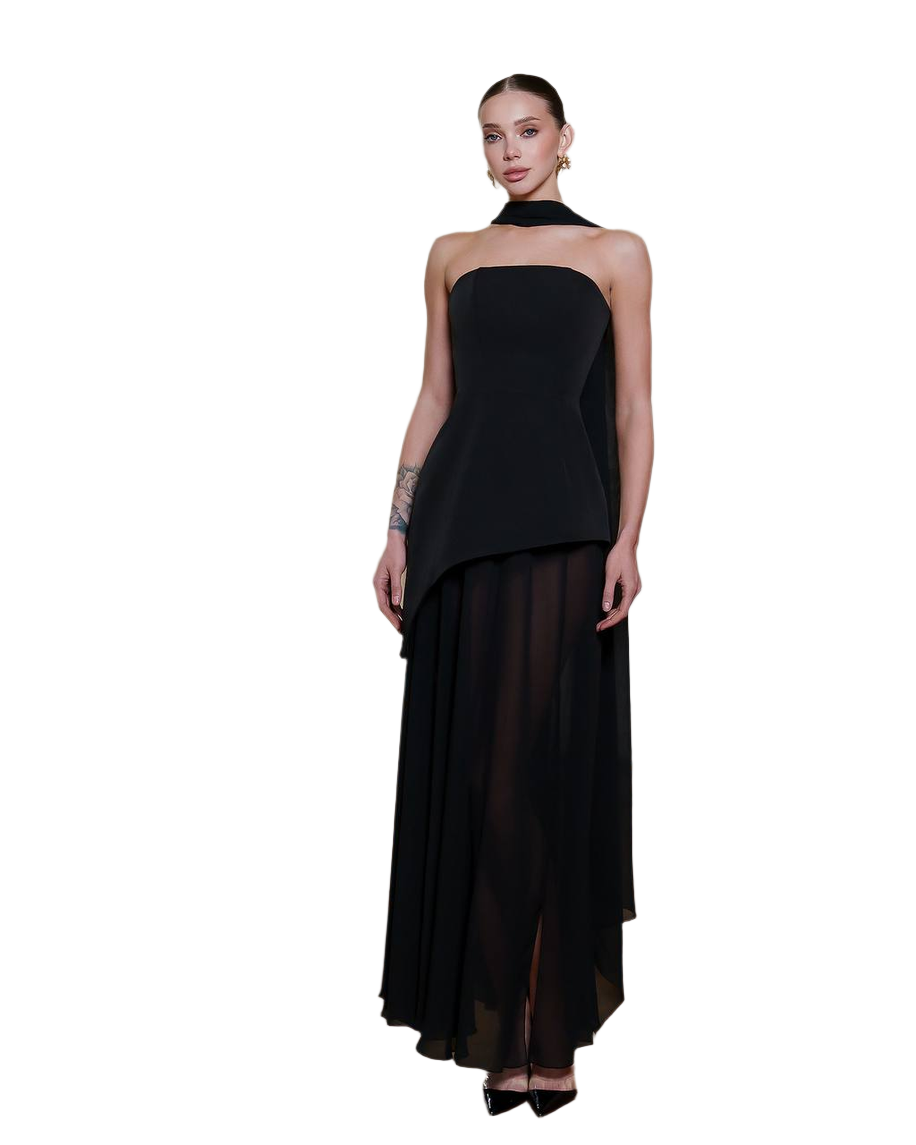 3 Piece Elegant Black Wedding Bridal Set - Corset Style Dress, Chiffon Skirt and Scarf