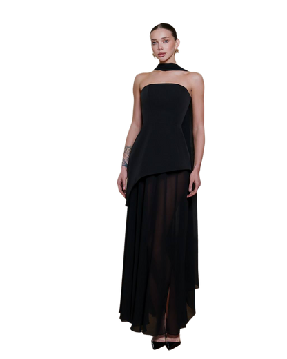 3 Piece Elegant Black Wedding Bridal Set - Corset Style Dress, Chiffon Skirt and Scarf