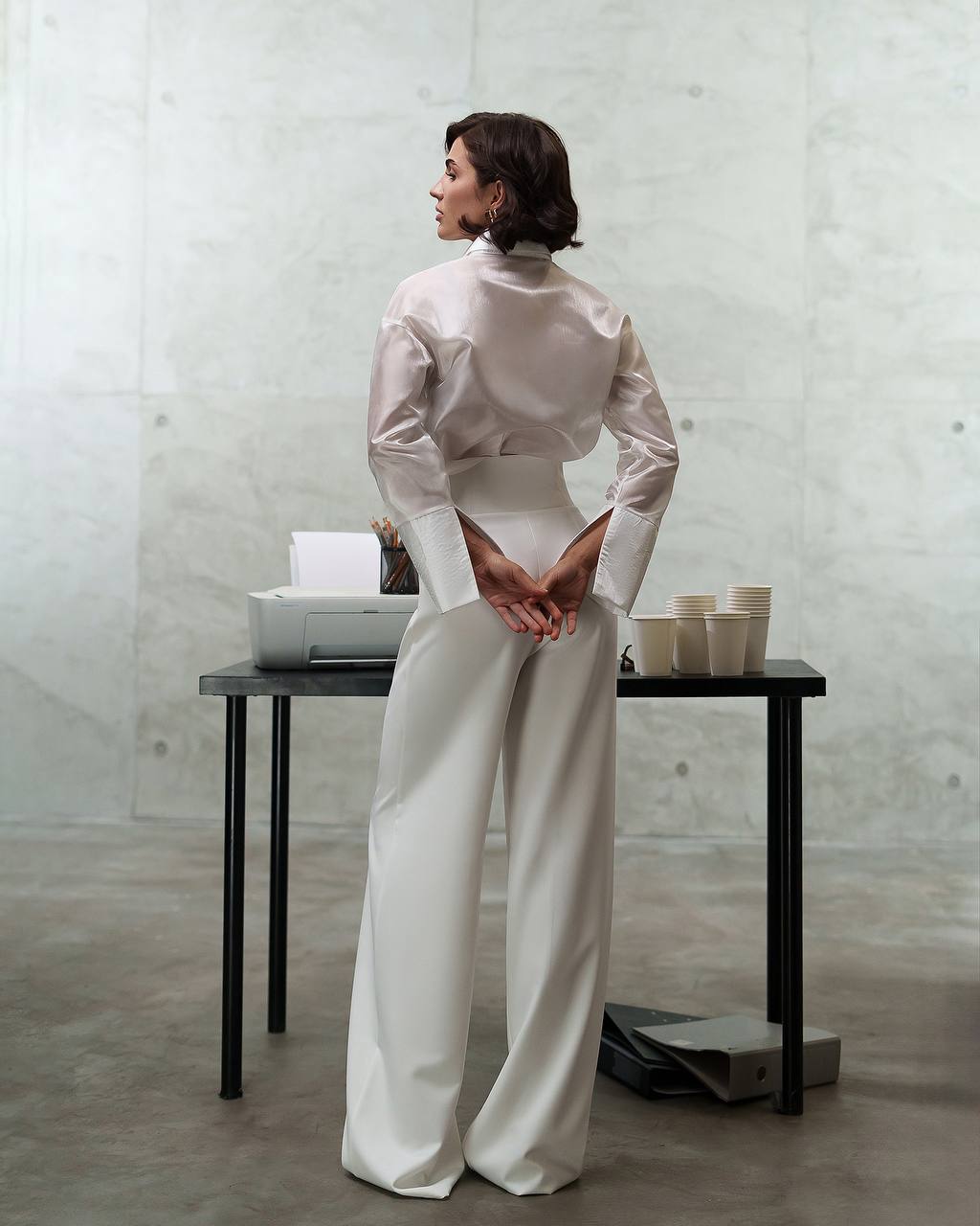 Elegant Wide Leg Trousers with Draped Top in Premium Diagonal Suiting Crepe