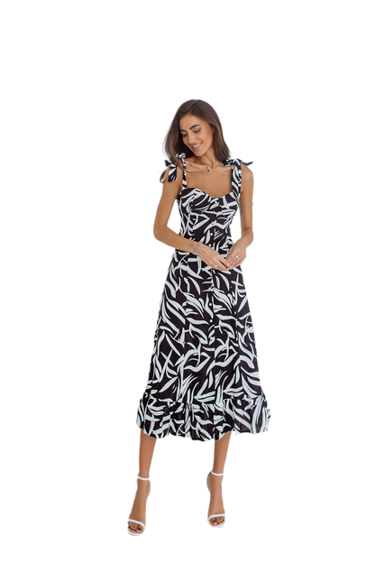 Natural Linen Sundress with Tie Shoulder Straps in Black and White Print
