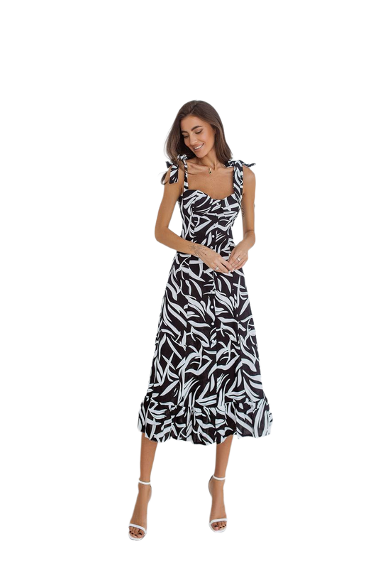 Natural Linen Sundress with Tie Shoulder Straps in Black and White Print