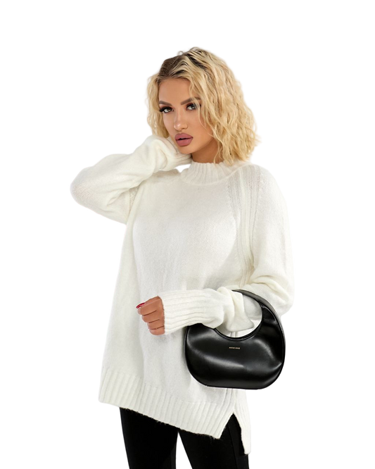 Oversized White Wool Blend Sweater Cozy Knit Crewneck