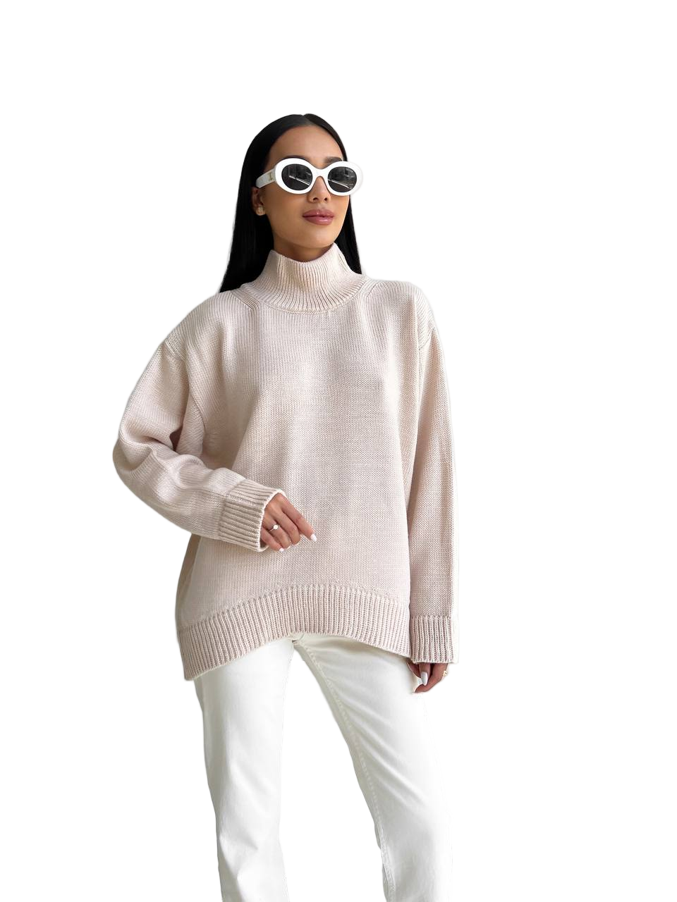 Cream Turtleneck Wool Blend Relaxed Fit Sweater Womens Knit Pullover