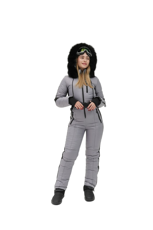 Womens Winter Overall Ski Jumpsuit Light Gray Water Repellent Ski Snowsuit Removable Fox Fur Hood