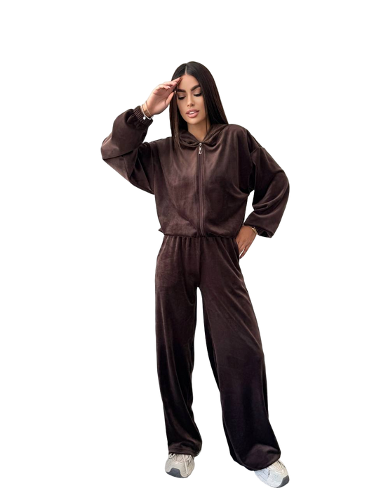Brown Soft Velour Three-Piece Suit with Zip-Up Jacket and Palazzo Pants
