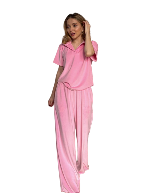 Pink Velour Pajama Set Barbie Style Soft Velvet Loungewear for Women