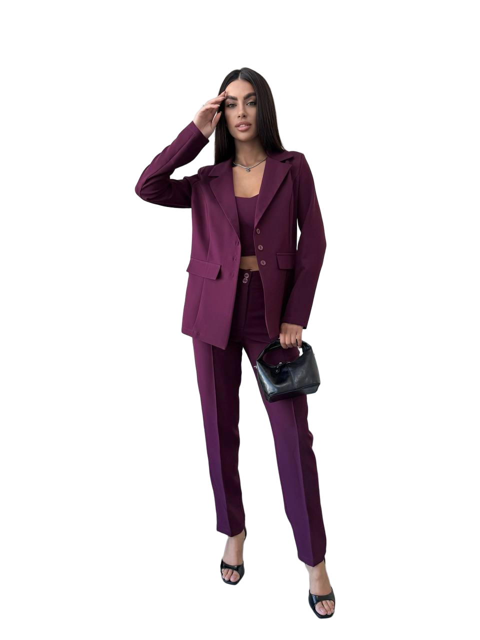 Womens Burgundy Three Piece Suit Blazer Top and Pants