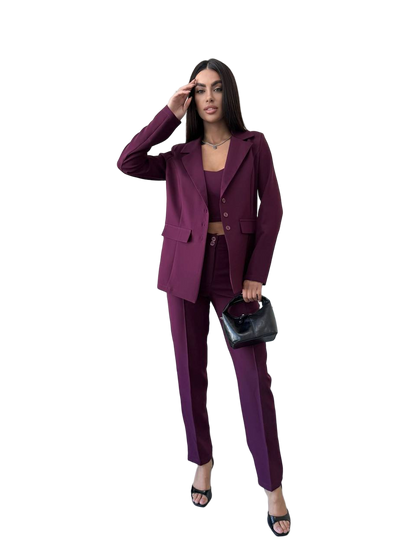 Womens Burgundy Three Piece Suit Blazer Top and Pants