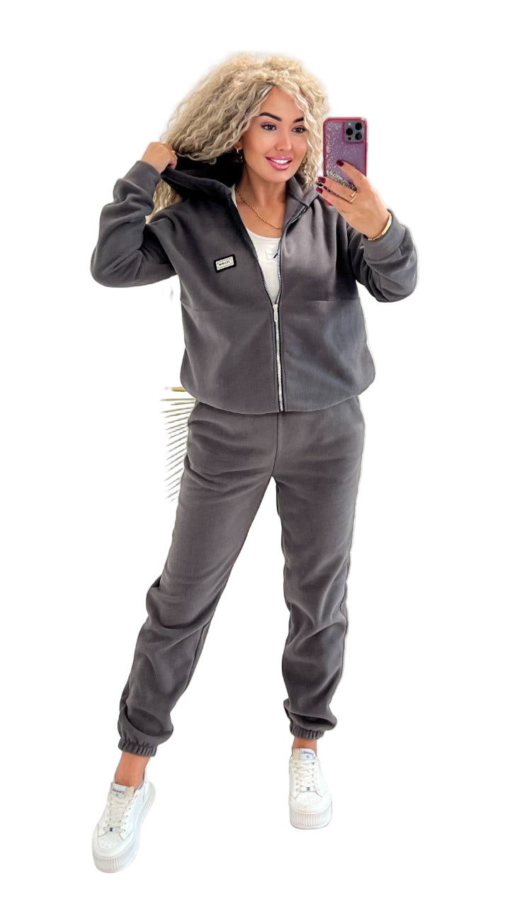 Womens Polar Fleece Tracksuit Hooded Zip Jacket and Joggers Grey