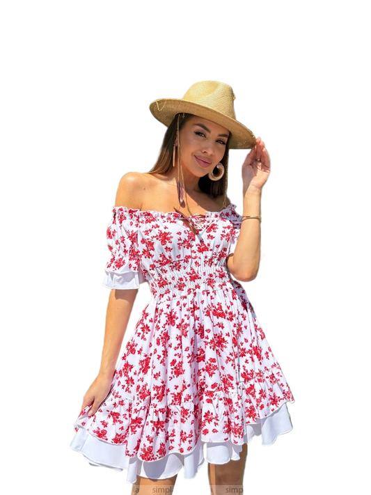 White Floral Off Shoulder Dress with Adjustable Waist