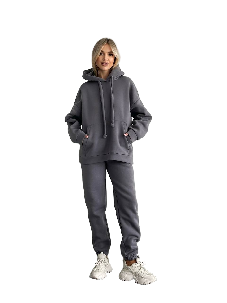 Womens Gray Fleece Tracksuit Oversize Hoodie and Joggers